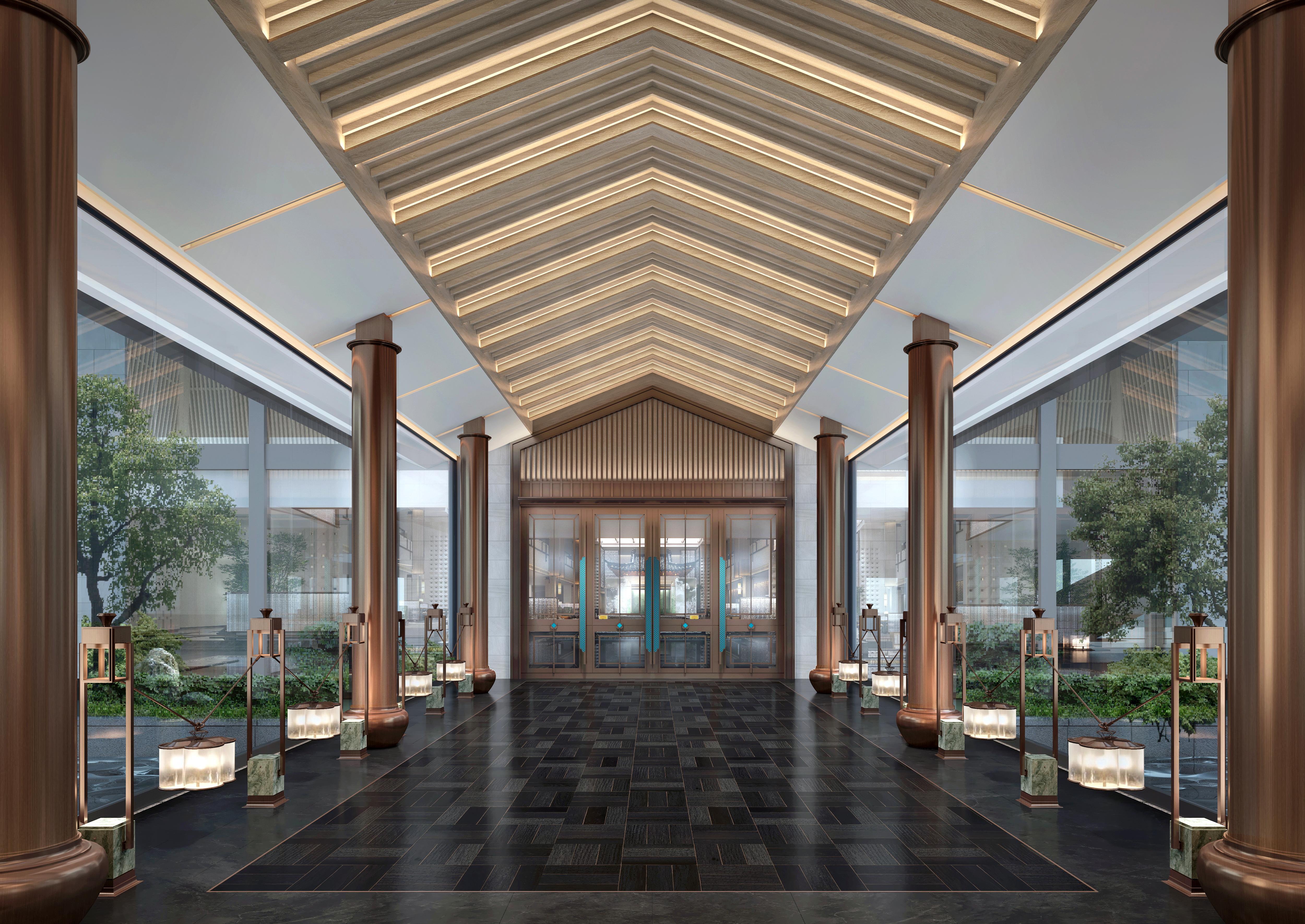 Modern interior design with wooden ceiling and glass walls