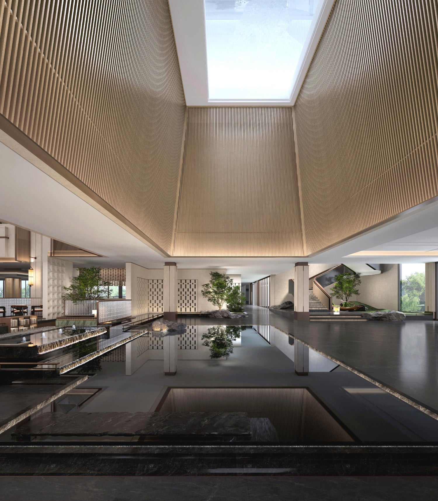 Modern indoor pool area with high ceiling and skylight