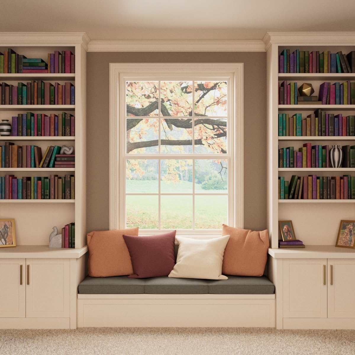 Bookshelves with colorful books, a window seat with pillows, and decorative items in a cozy room.