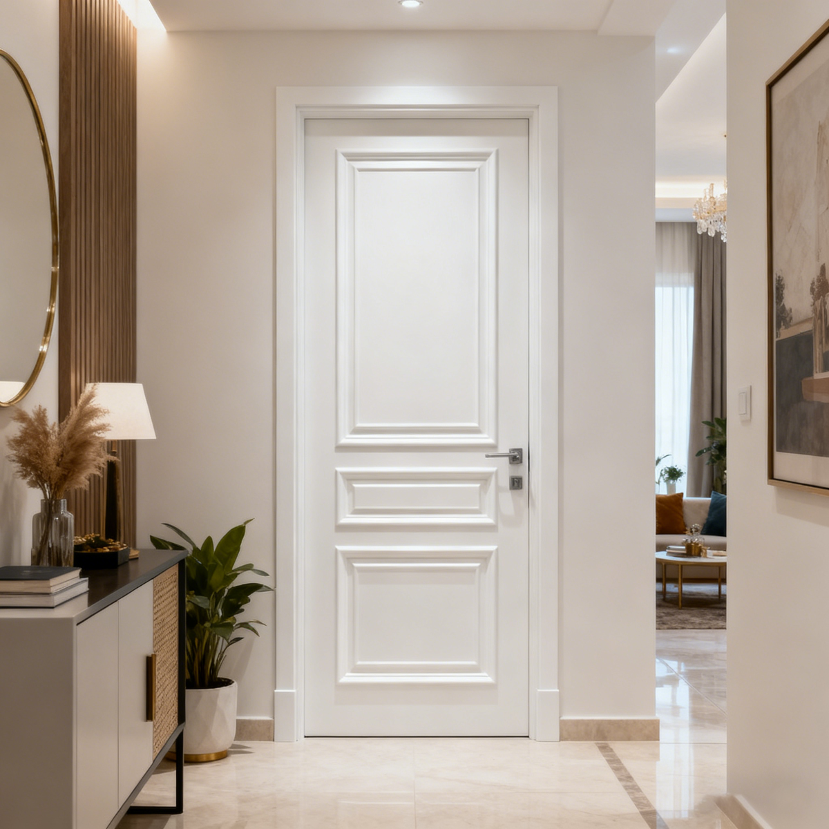 Modern interior design of a hallway with a white door, decorative elements, and a plant.