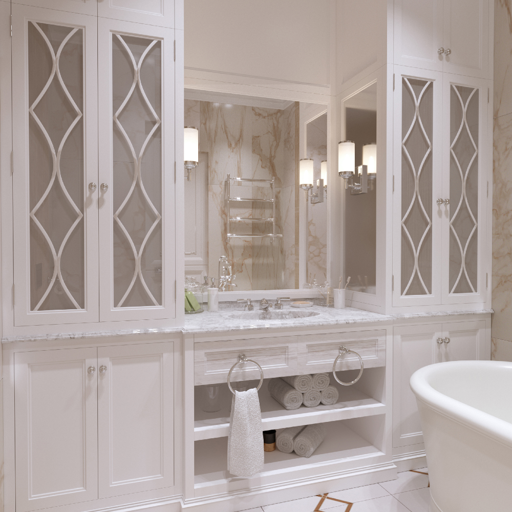 Bathroom with white cabinets, sink, and bathtub.