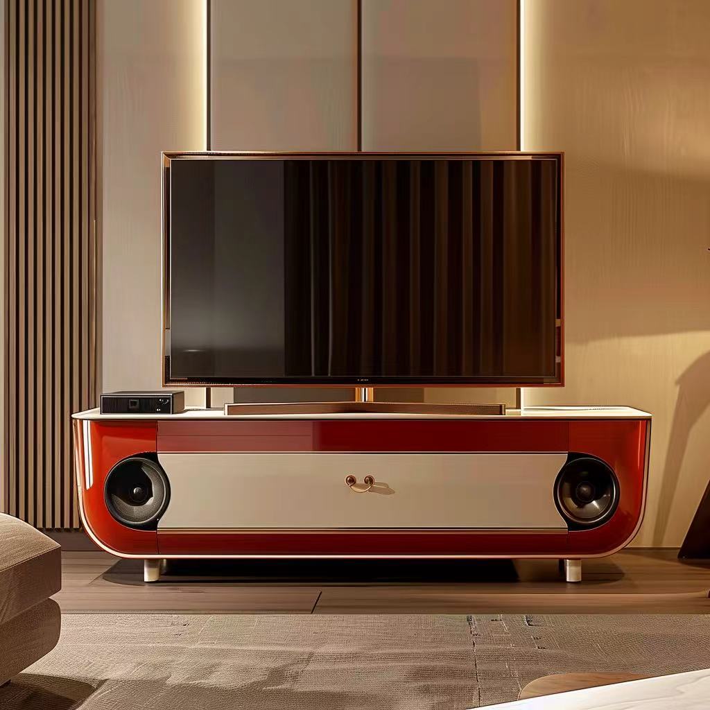Modern entertainment console with a television and speakers in a living room setting.