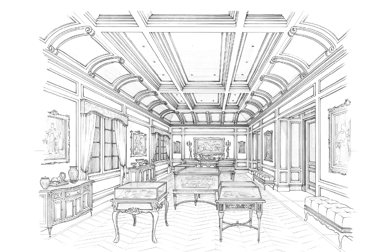 Detailed line drawing of an elegant interior room with furniture and decor.
