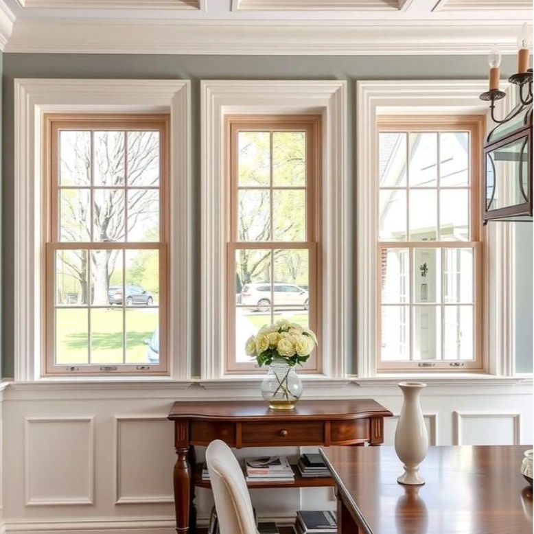 Dining room with wooden table, chairs, and large windows.