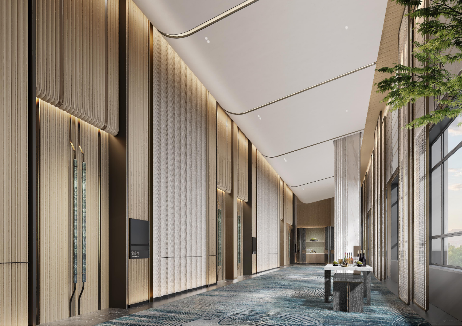 Rendering of a 2F ballroom with modern interior design and large windows.