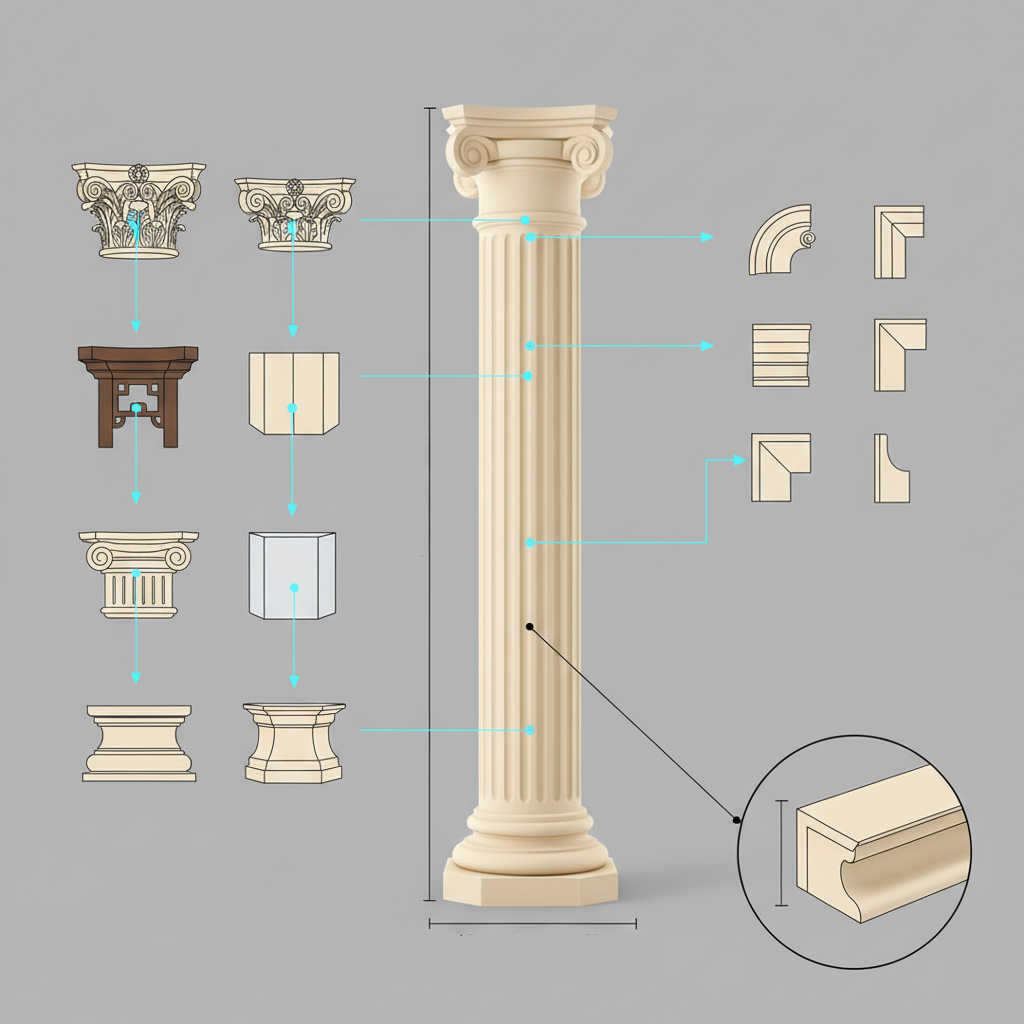 Illustration of a classical column with architectural details and measurements on a gray background