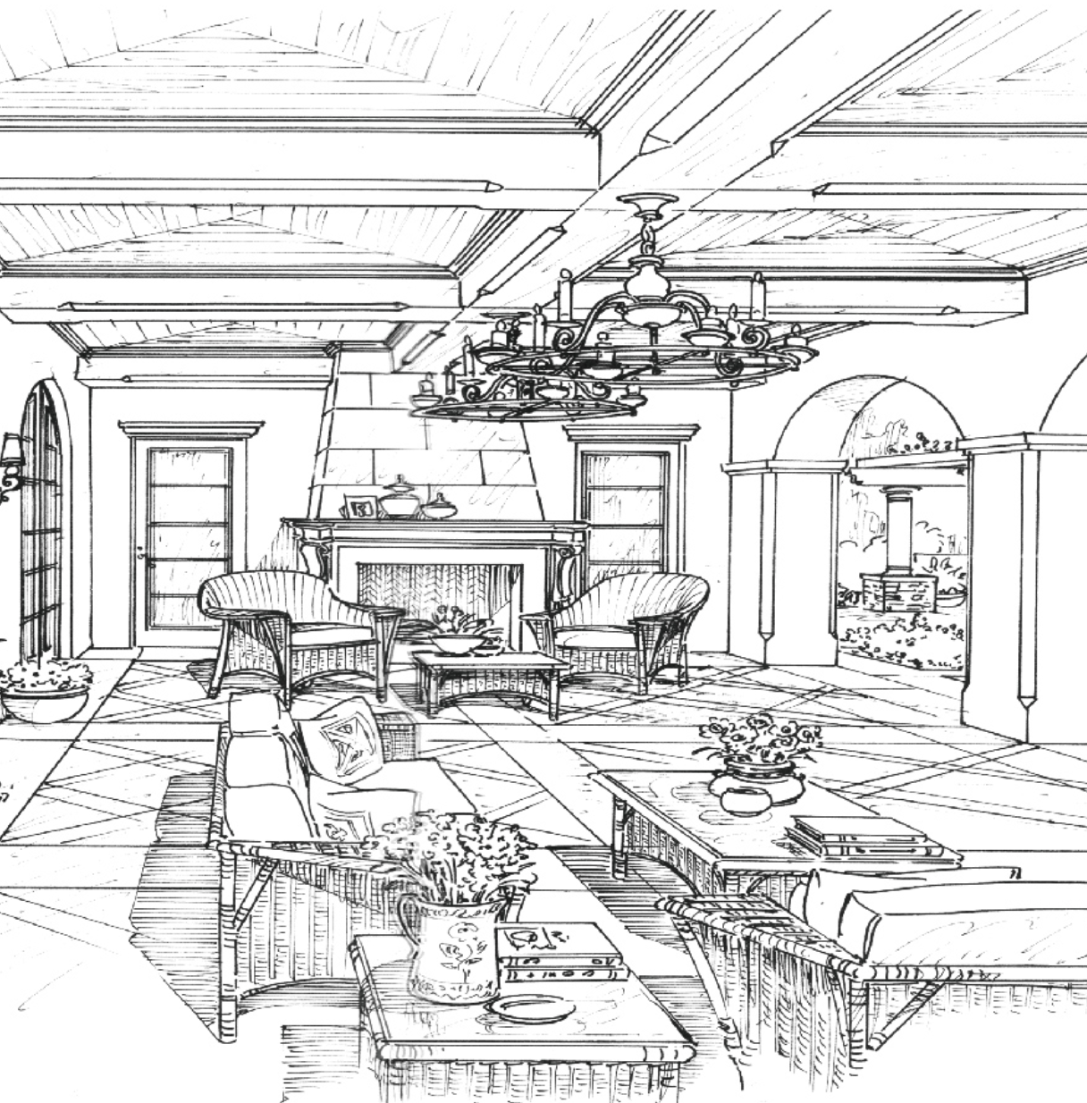 Line drawing of a living room with furniture and decor