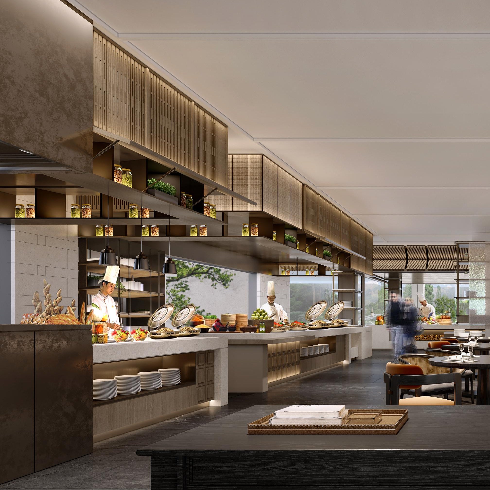 Modern kitchen with marble countertops and wooden cabinets