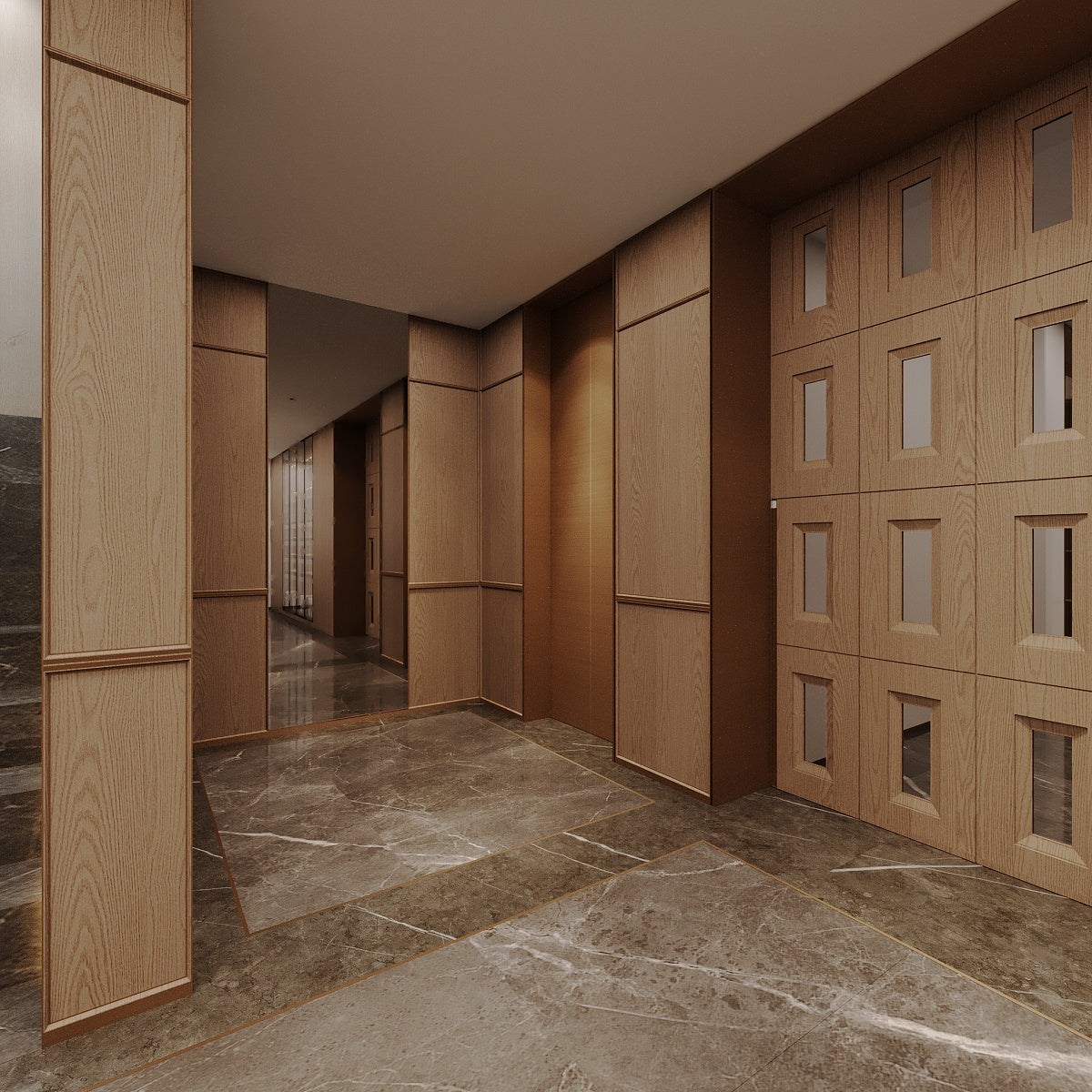 Modern interior with wooden panels and marble floor