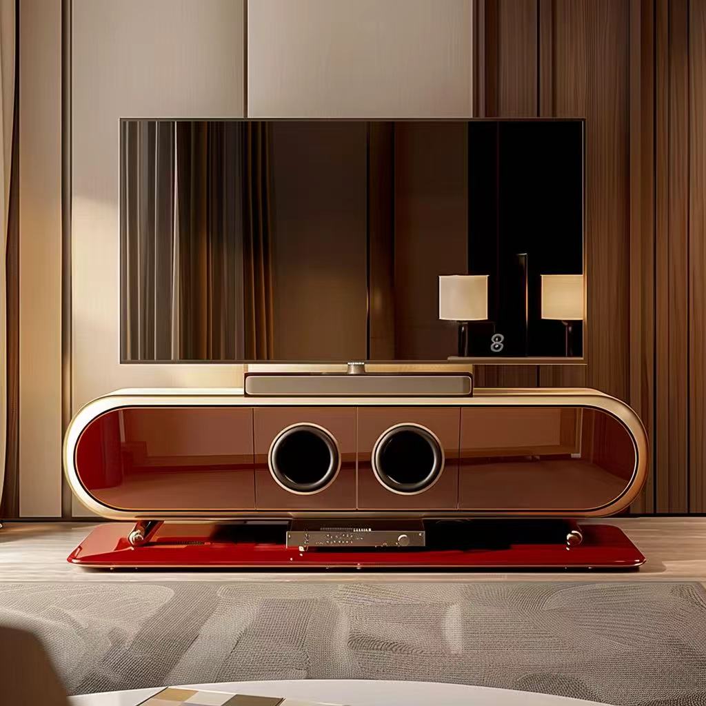 Modern entertainment console with red base and silver accents in a living room setting.