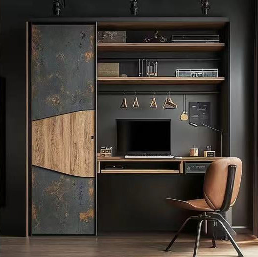 Collage of a modern office setup with a desk, chair, and wardrobe.