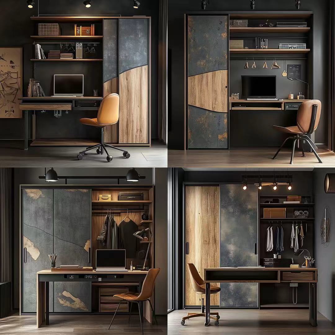 Collage of a modern office setup with a desk, chair, and wardrobe.