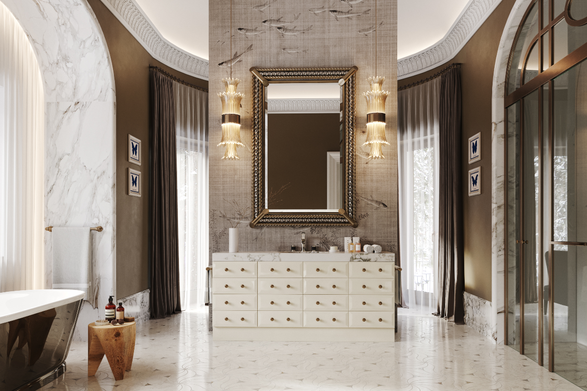 Luxurious bathroom with marble walls, a large mirror, and elegant fixtures.