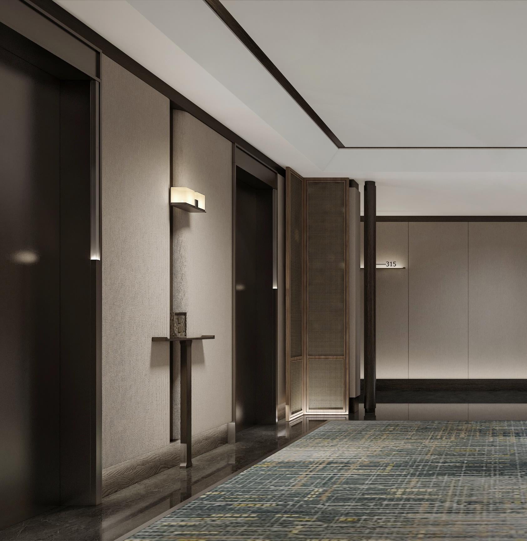 Modern hallway with a large wall-mounted television and decorative elements.