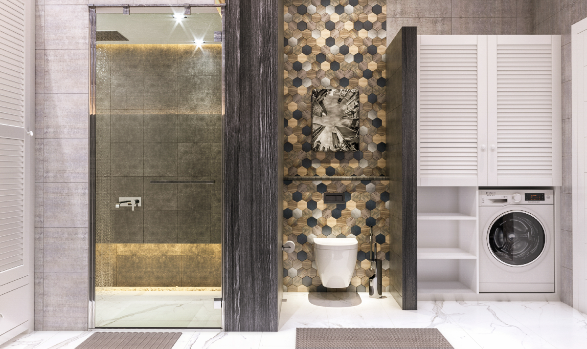 Modern bathroom with shower, toilet, and washing machine.