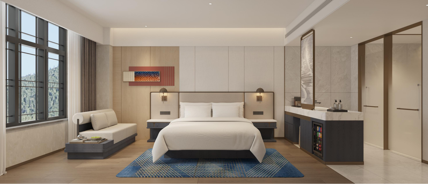 Modern bedroom with a bed, sitting area, and bathroom.