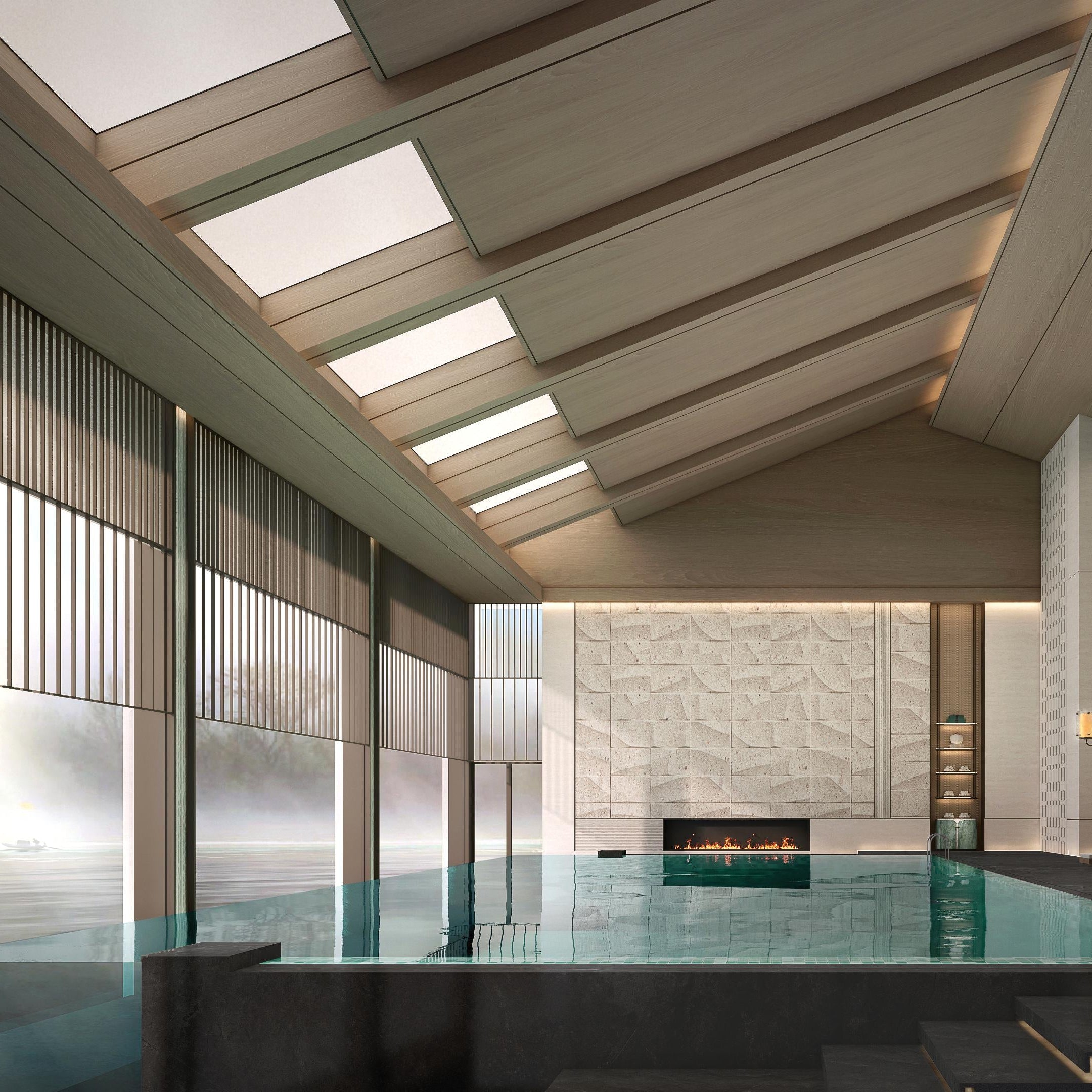 Modern indoor pool area with a fireplace and large windows.