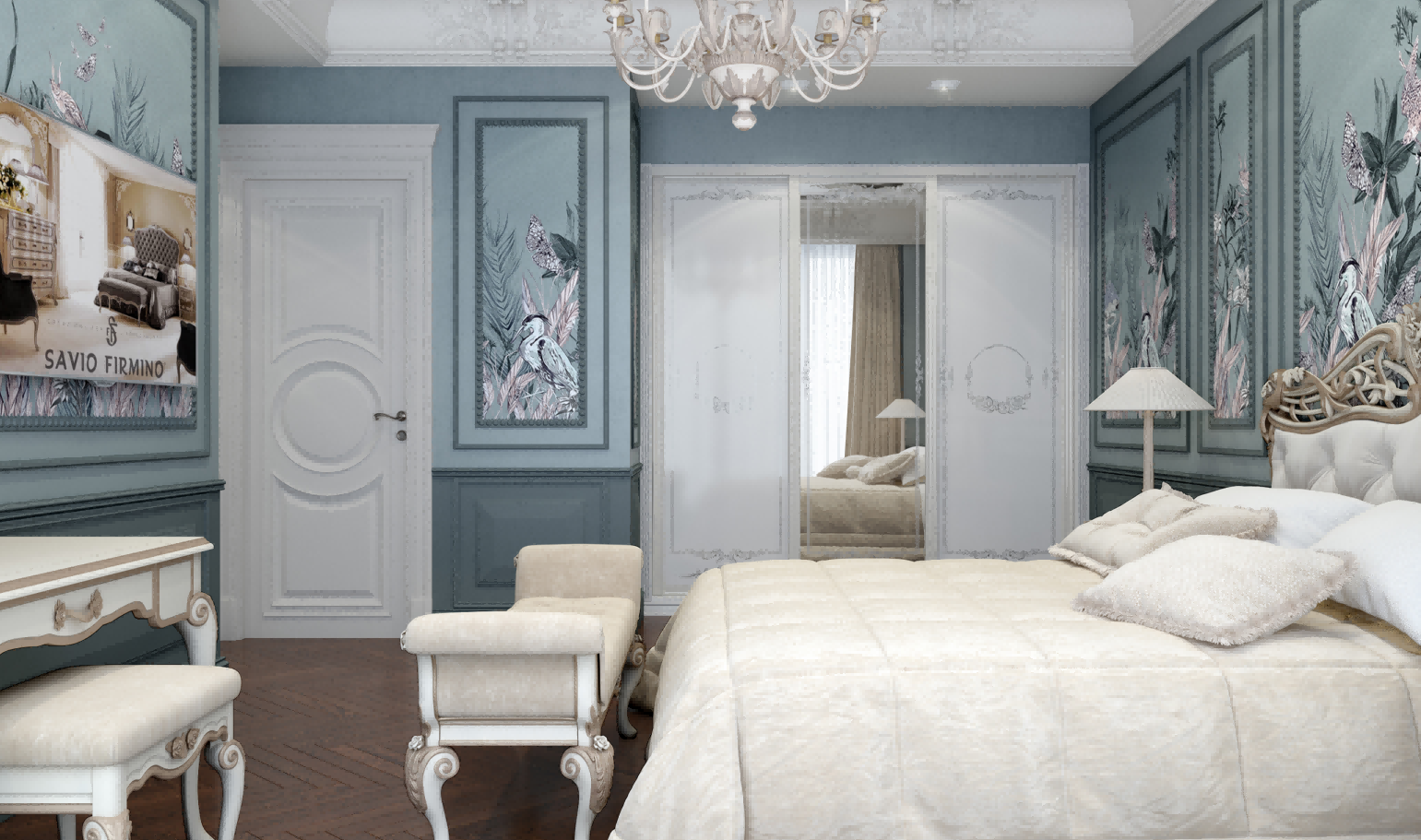Decorative bedroom with floral wall art, a bed, and a mirror.