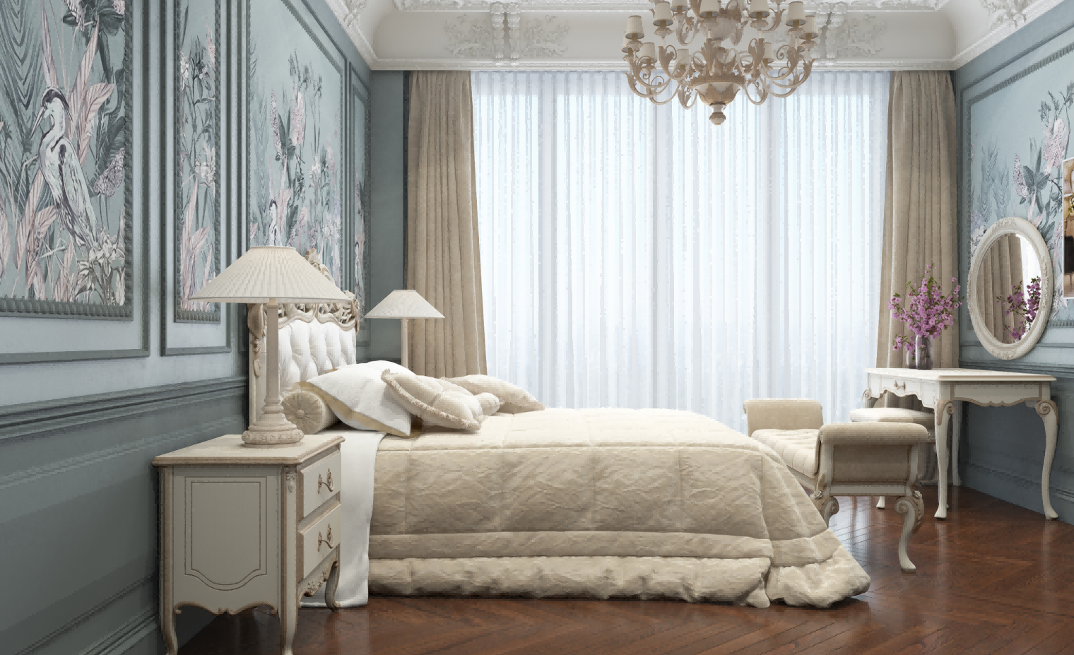 Luxurious bedroom with a bed, nightstands, and decorative elements.