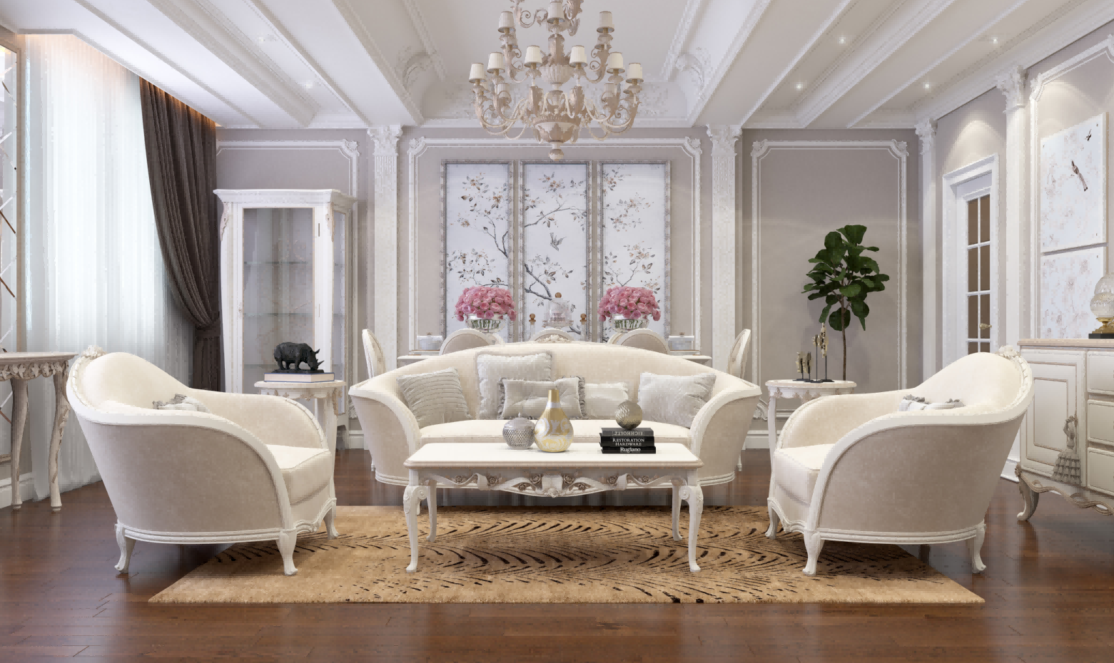 Elegant living room with white furniture and decorative elements.