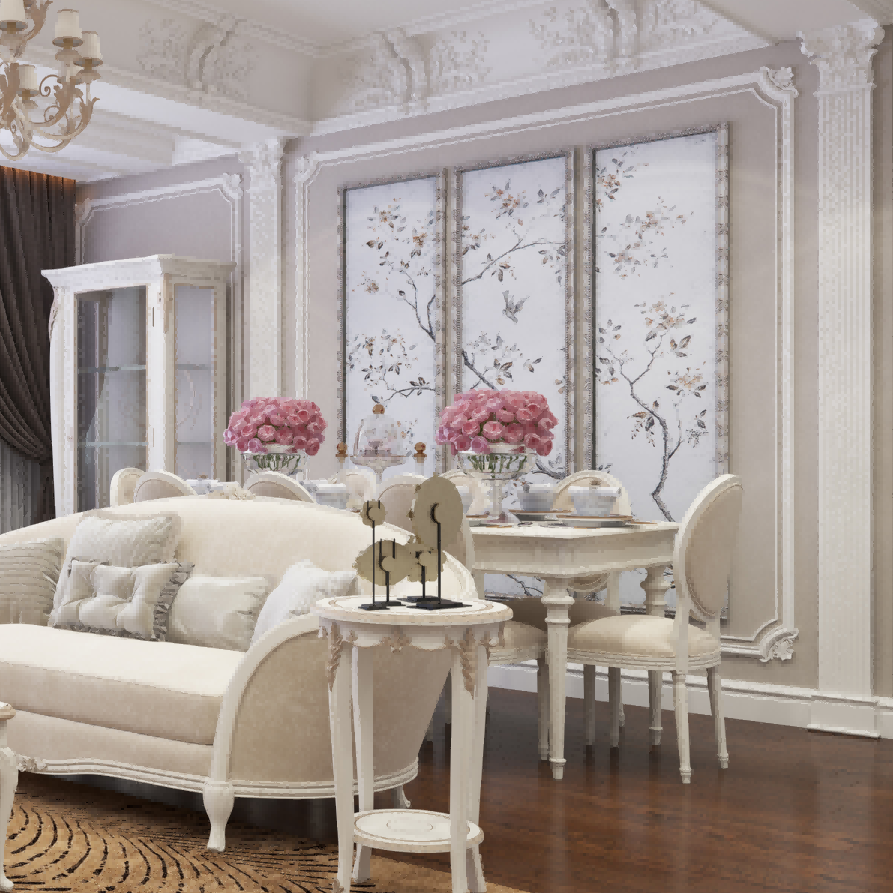 Elegant living room with white furniture and decorative elements.