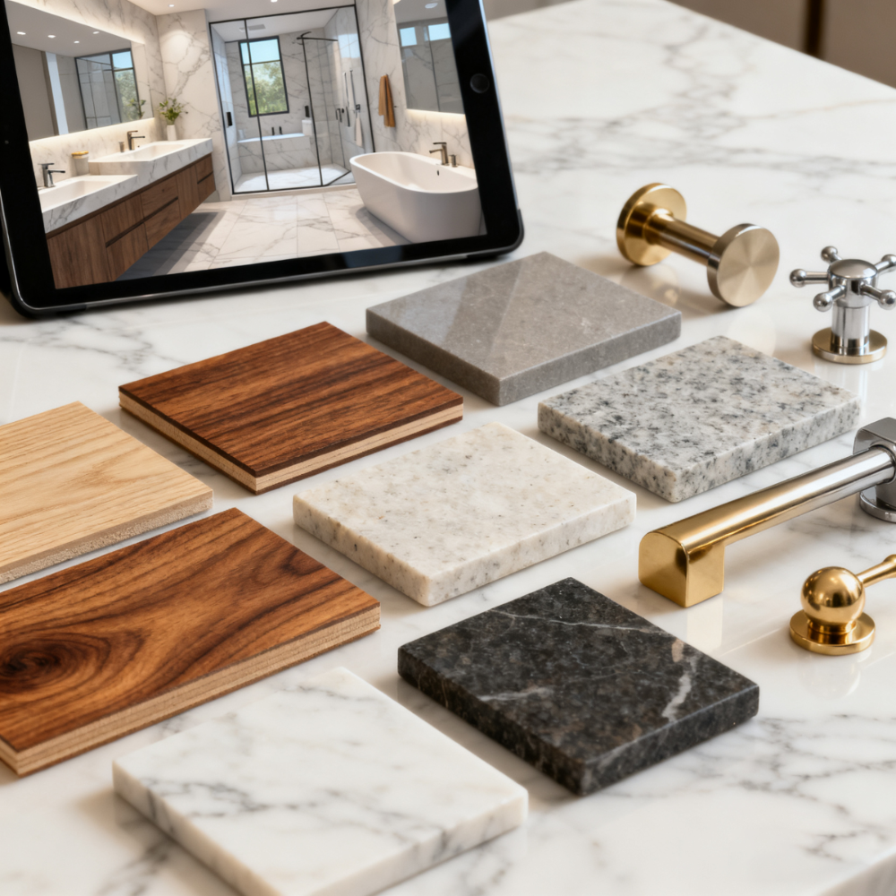 Various wooden and stone door handles on a marble surface with a tablet displaying a bathroom scene.