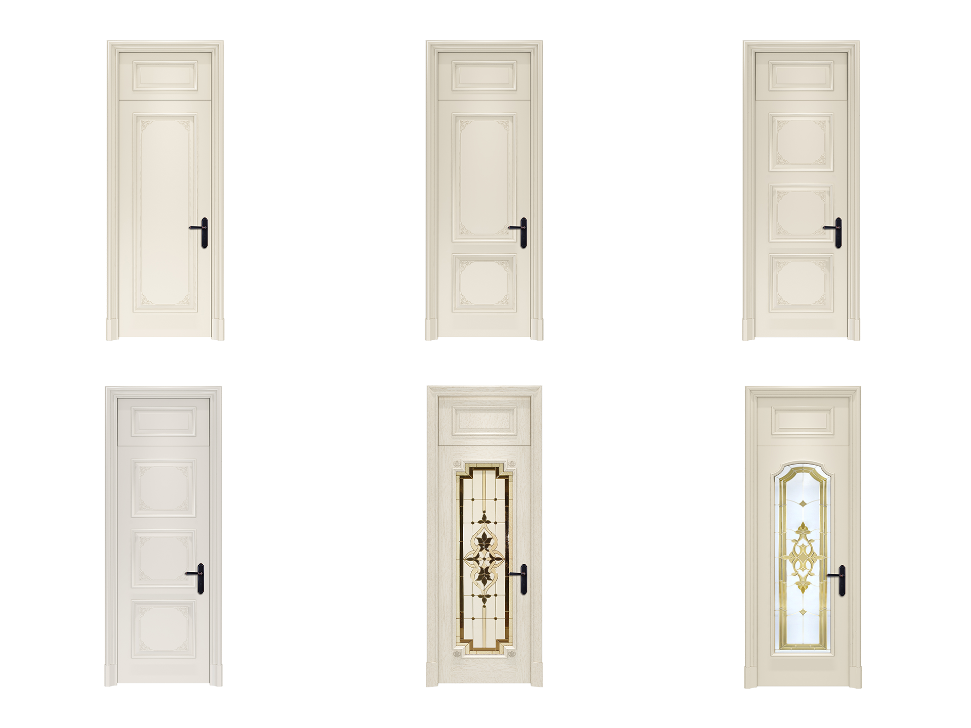 Set of six white doors with different designs on a white background
