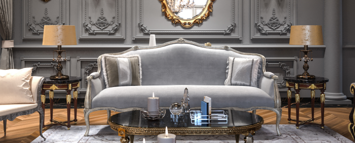 Luxurious living room with a chandelier, sofa, and decorative elements.