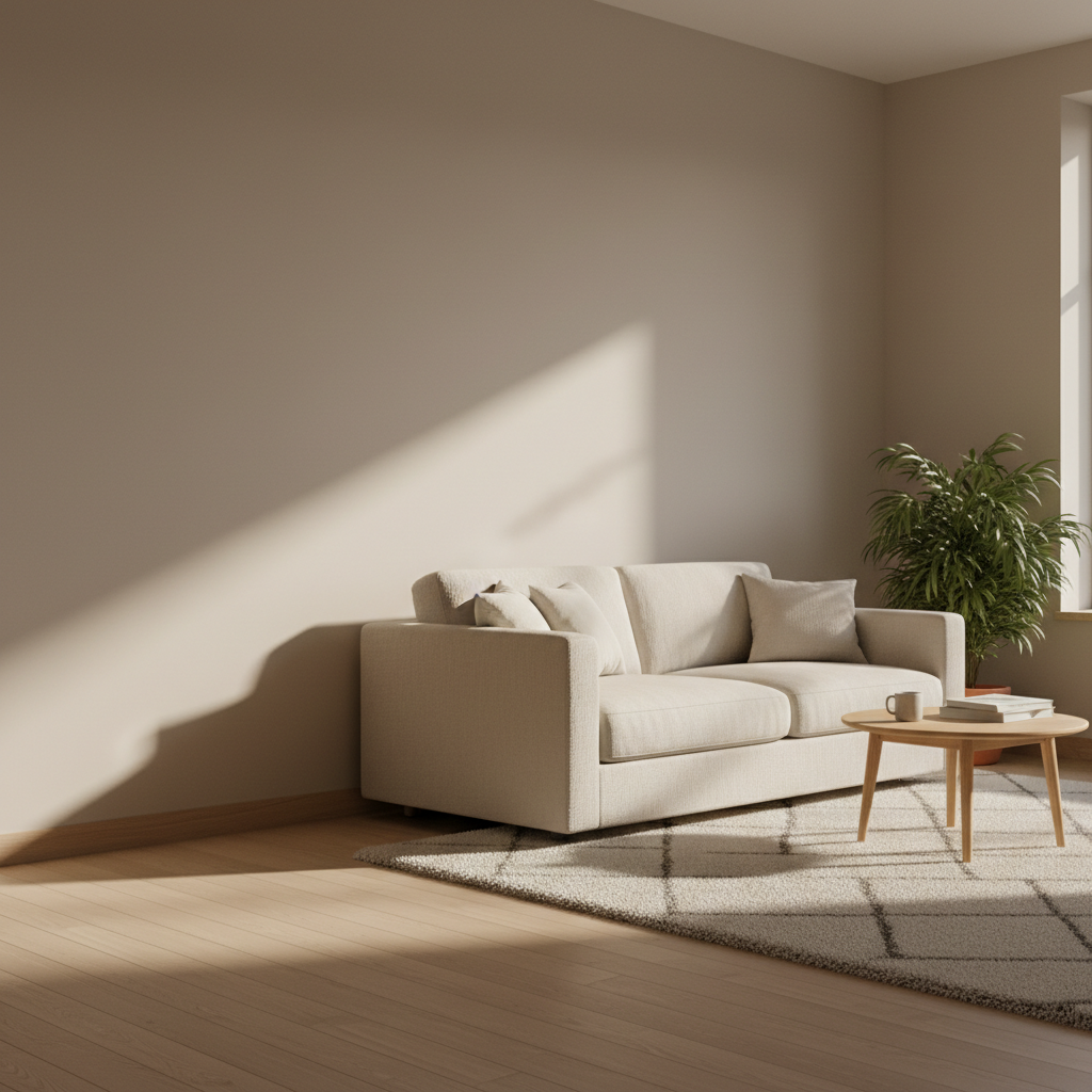 Beige sofa in a sunlit living room with a coffee table and plant