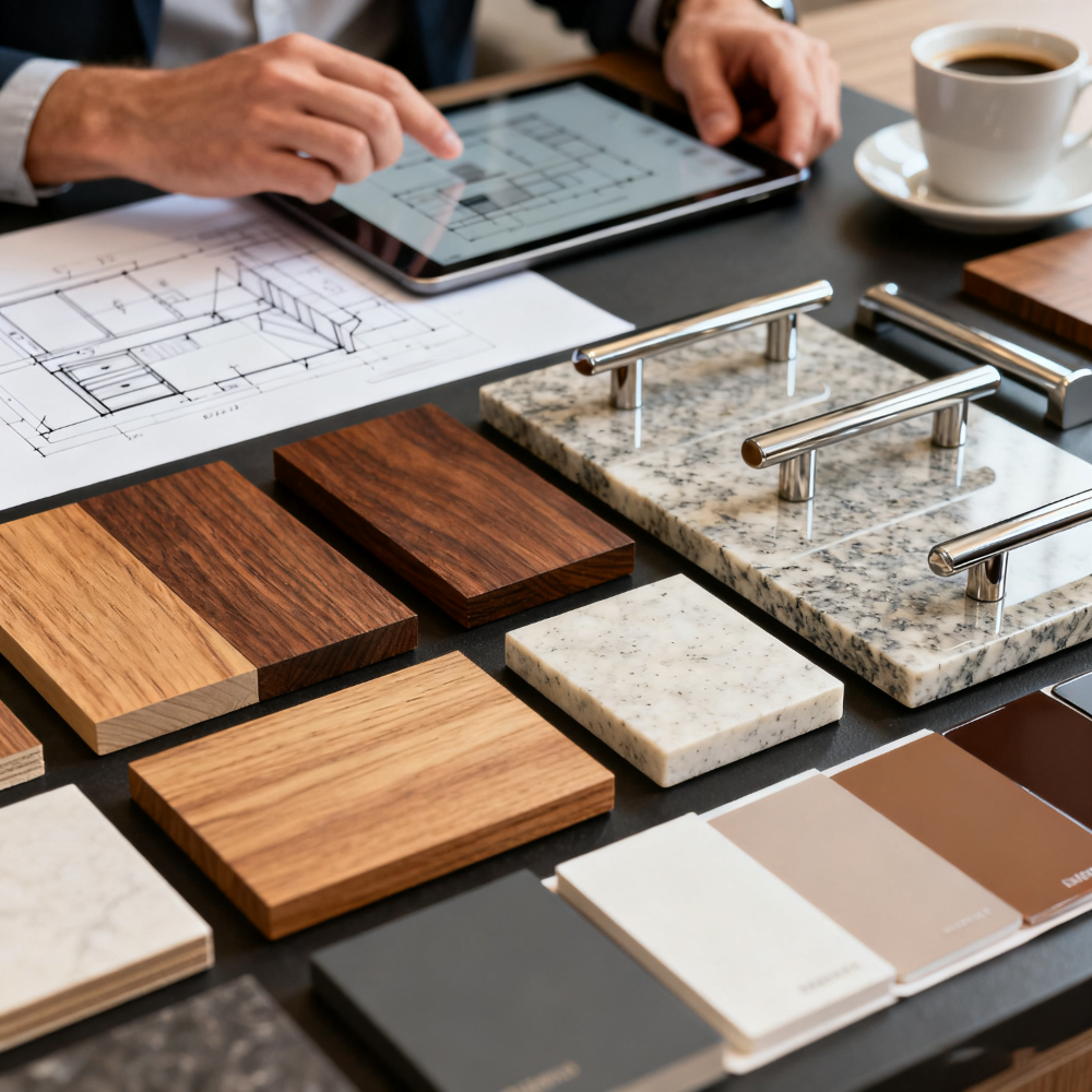Person using a tablet with design software next to wooden and stone samples on a desk.
