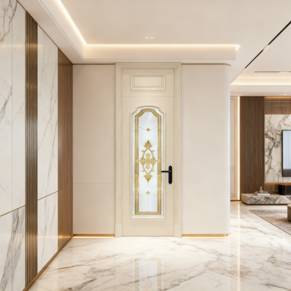 Decorative door in a modern interior setting with marble walls and floor.