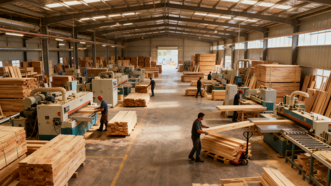 Woodworking factory with workers handling wooden planks and machinery.