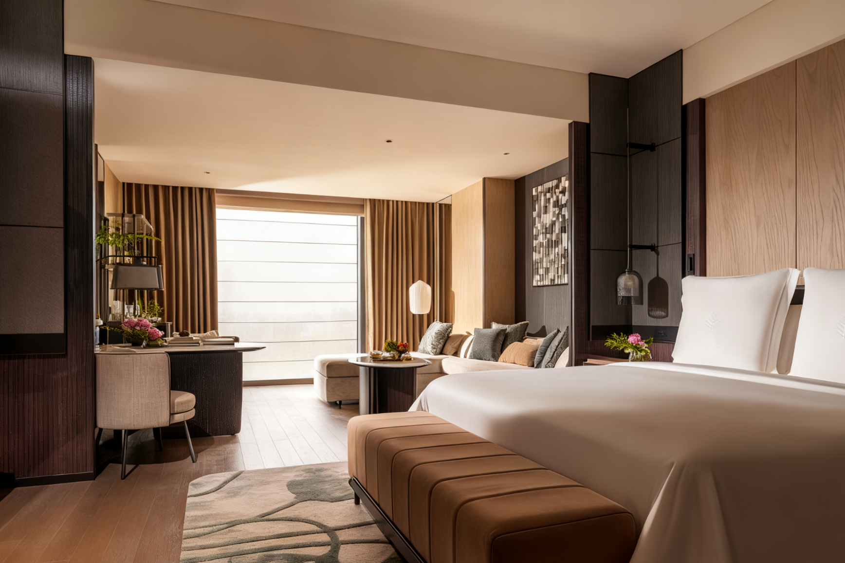 Modern hotel room with bed, desk, and decor