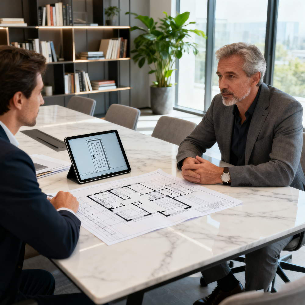 Two men discussing blueprints at a table in an office setting