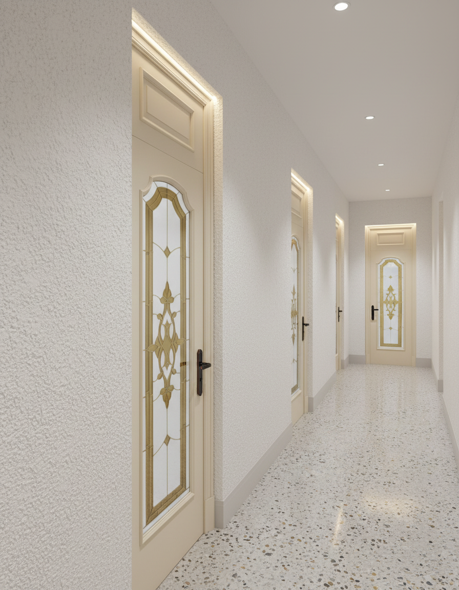 Corridor with decorative doors and marble floor