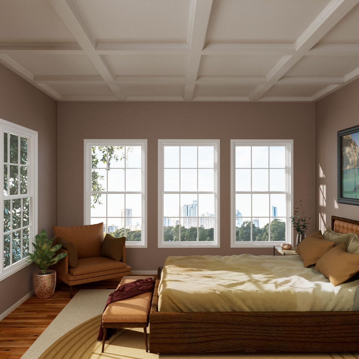 Bedroom with large windows, bed, and armchair.