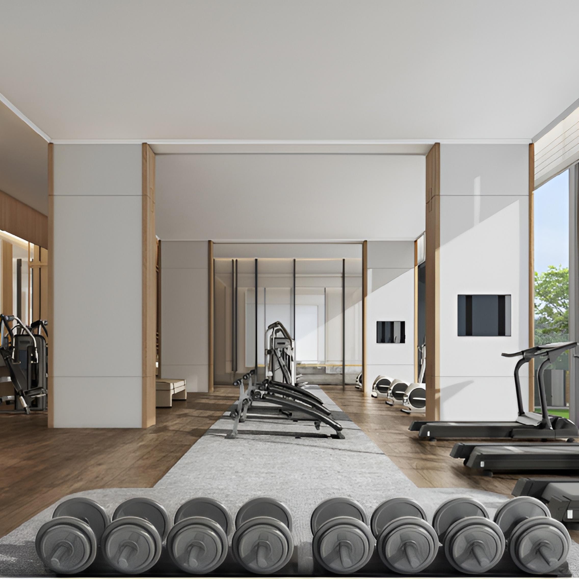 Modern gym interior with treadmills and weight racks near large windows.