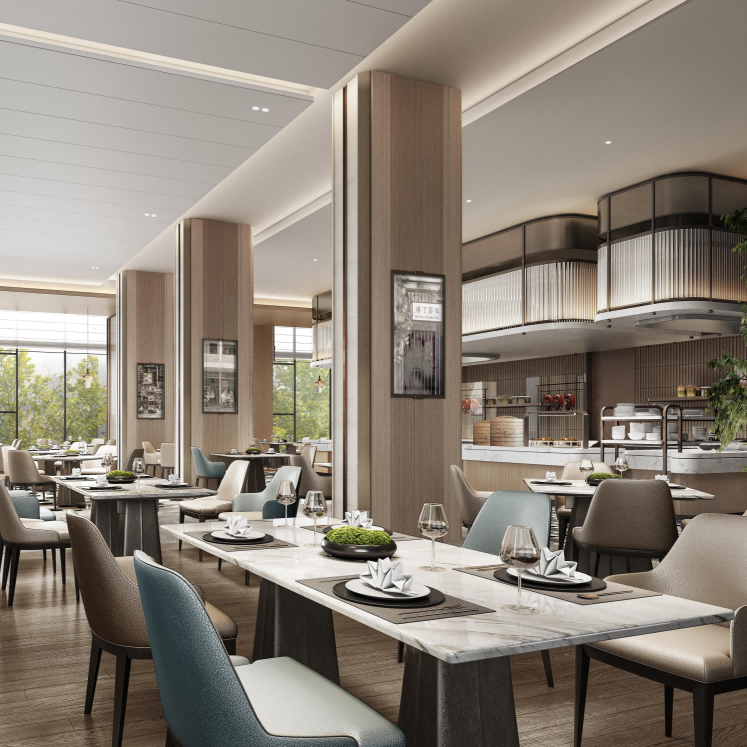 Modern restaurant interior with tables, chairs, and large windows.