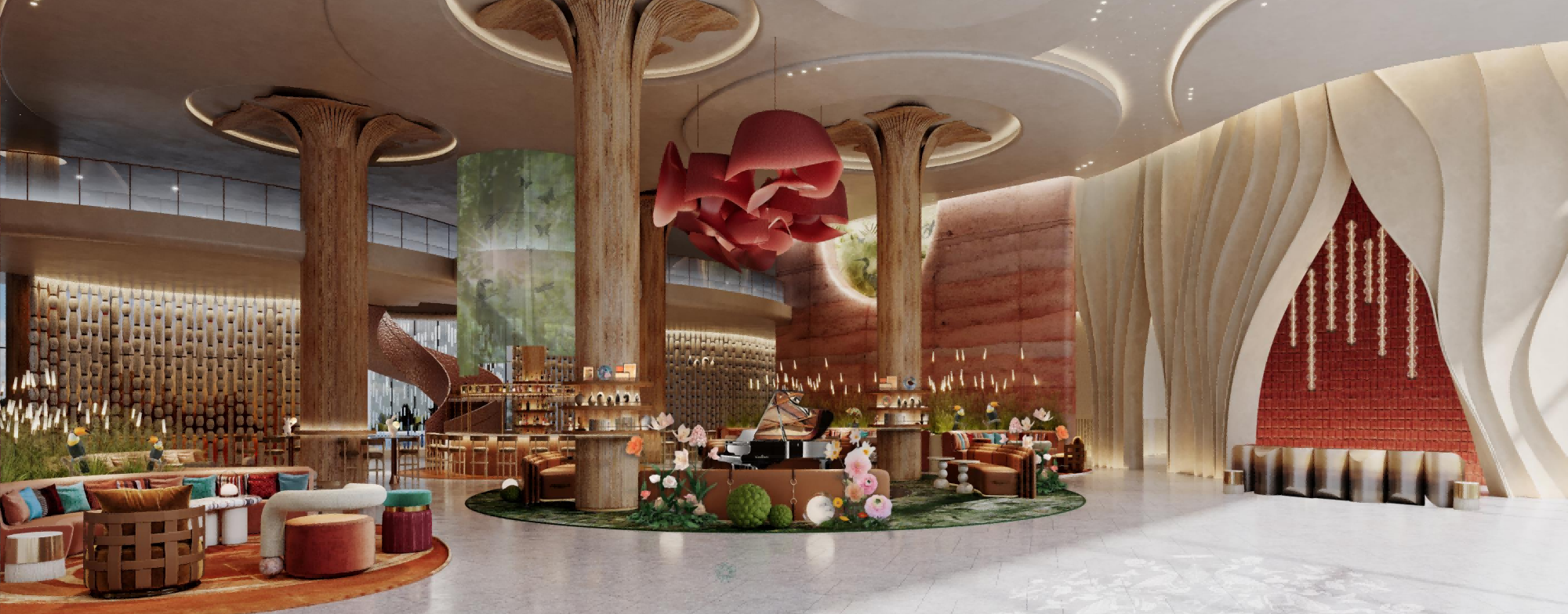 Rendered interior design of a luxurious lobby with architectural elements and decor.