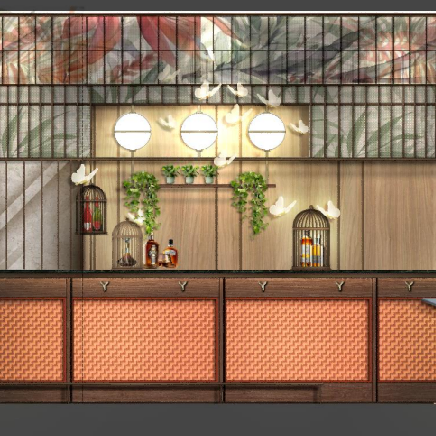 Design rendering of a theme bar with furniture and decor elements.