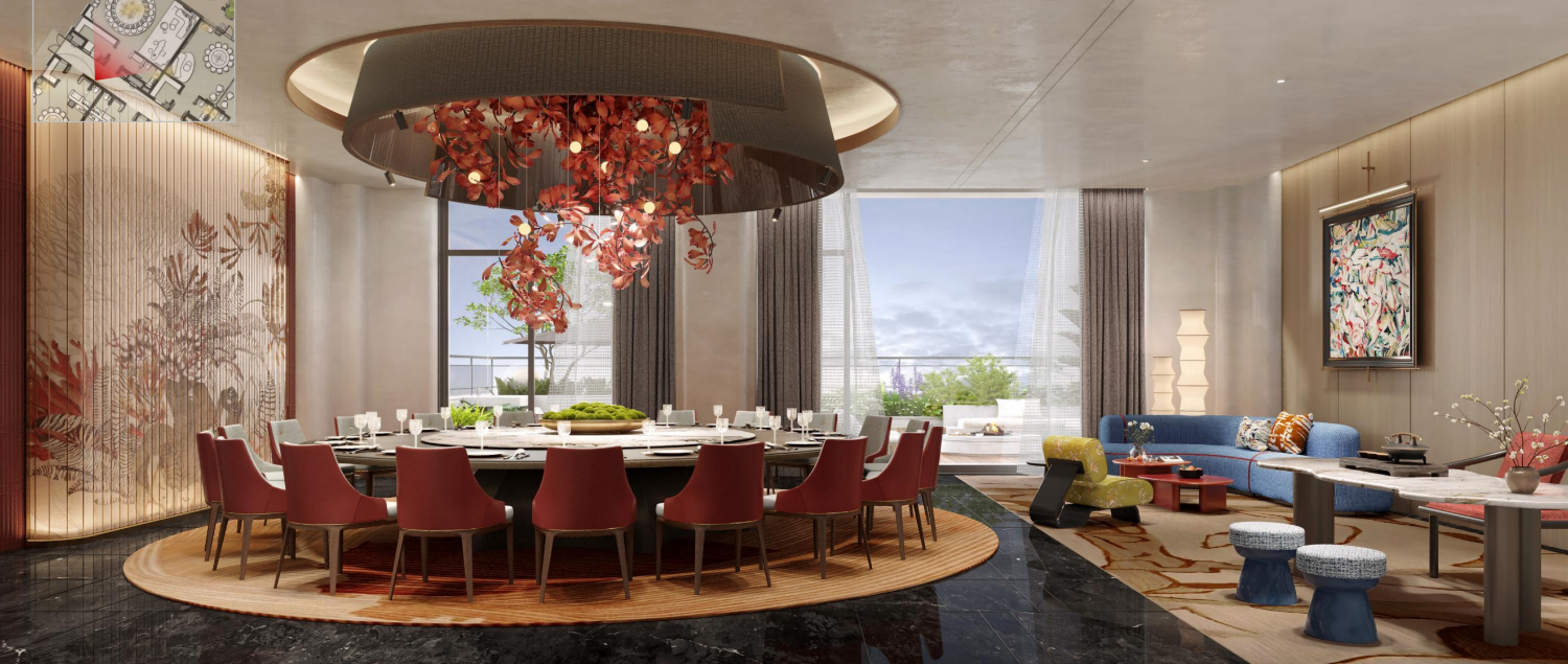 Private dining room rendering with modern decor and large windows.