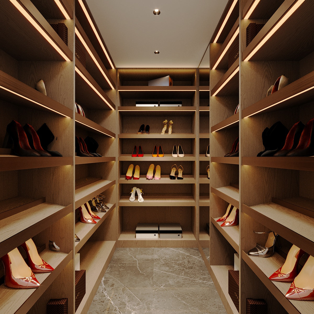 Shoe rack with various shoes on wooden shelves in a well-lit room.