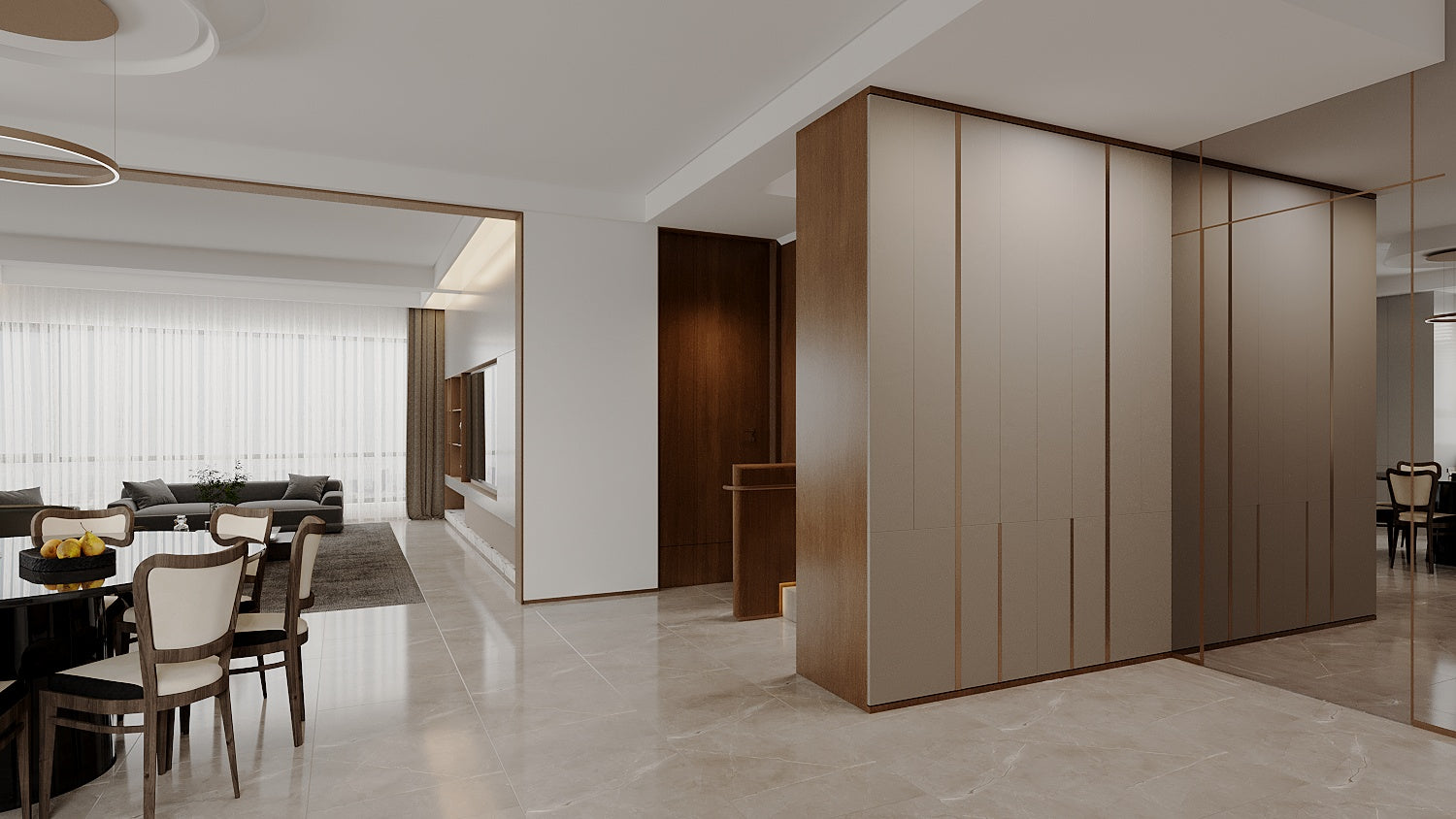 Modern interior design with a dining area and a large wardrobe.