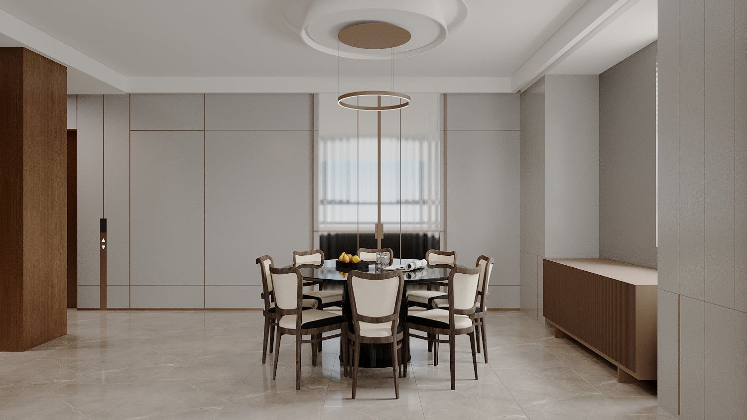 Modern dining room with a table and chairs in a stylish interior setting.