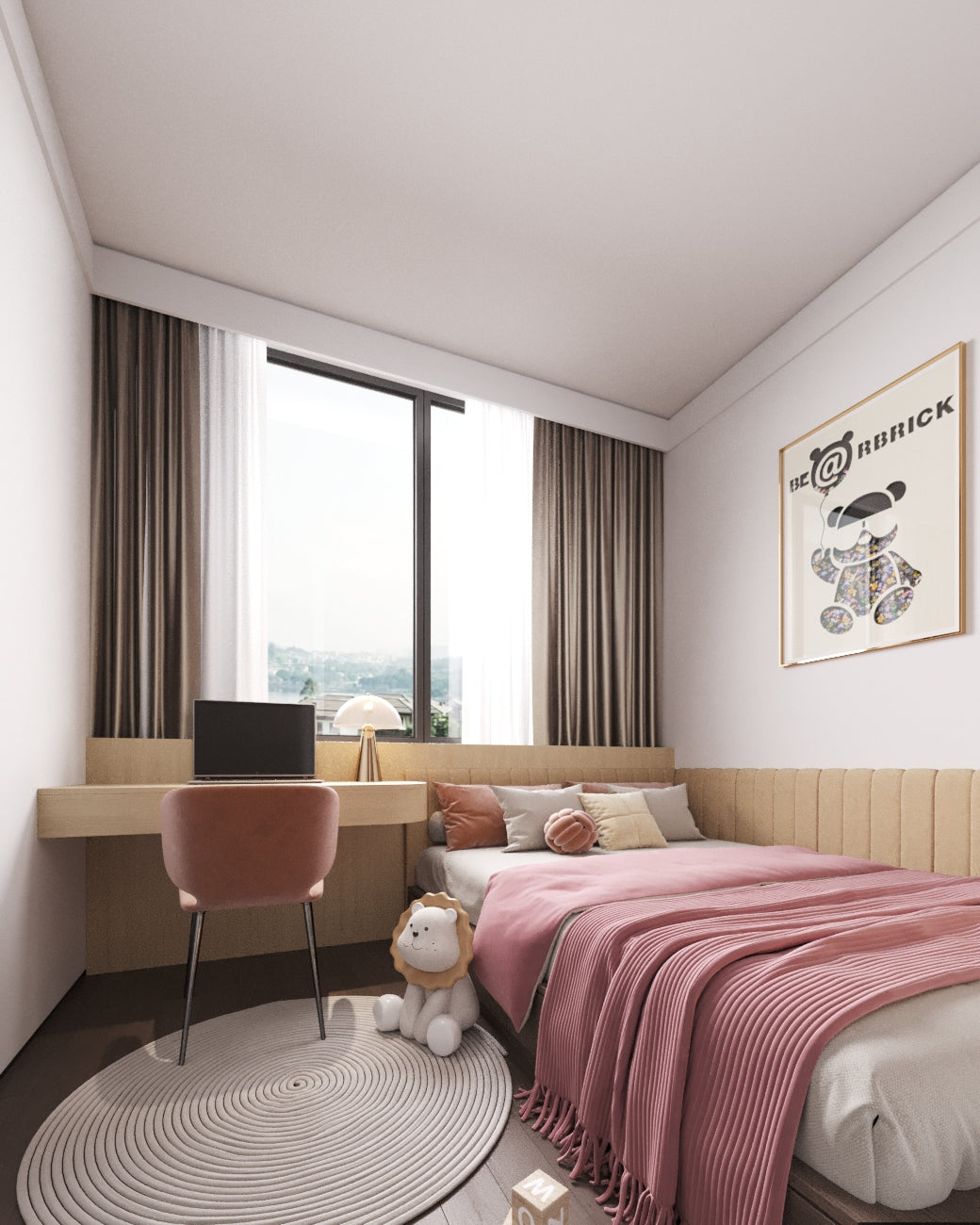 Modern bedroom with a bed, desk, and large window