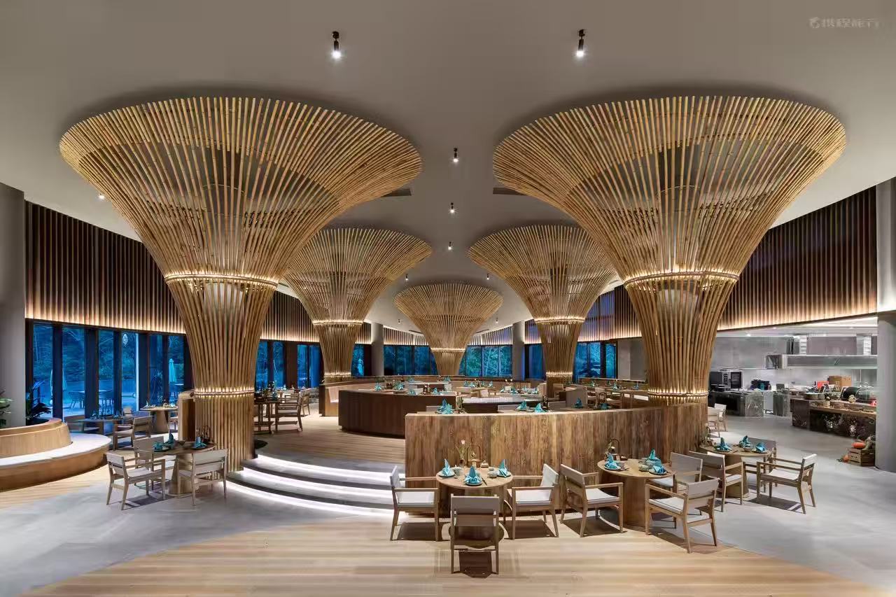 Modern interior design with wavy wooden ceiling structures and dining tables.