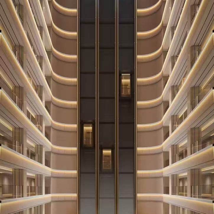 Modern architectural interior with curved walls and ceiling lights