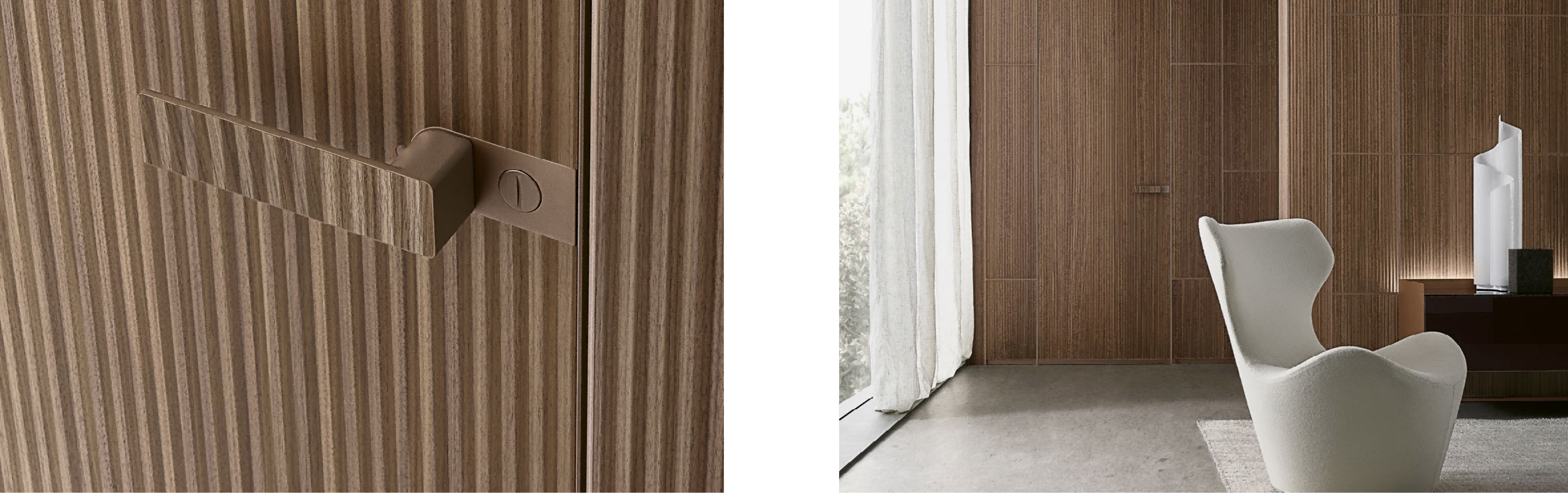 Wooden door with a handle and a modern interior room with a white chair.