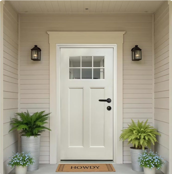 White front door with decorative glass panels flanked by two potted ferns and two small flower pots on a porch.