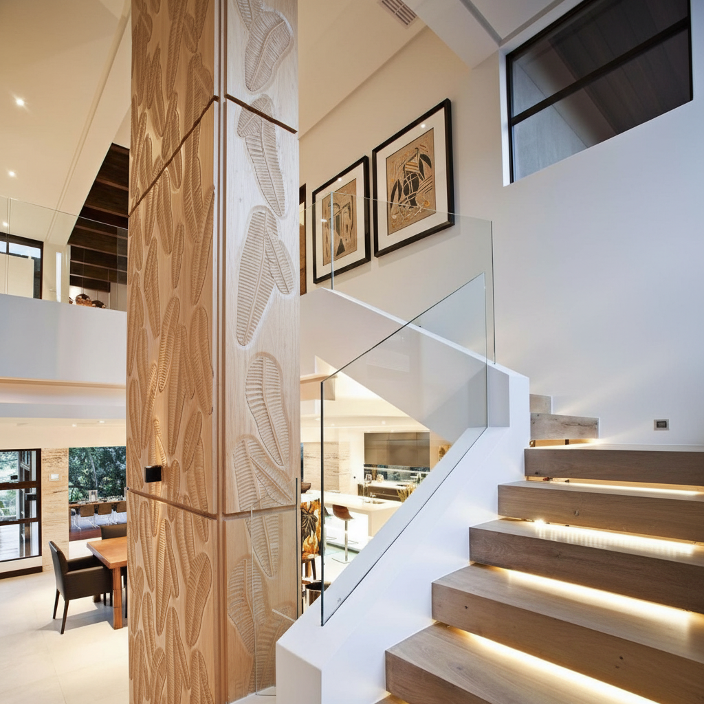 Modern staircase with wooden steps and glass railings in a well-lit room.
